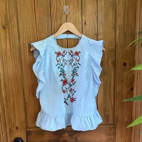 Zara Lightweight Cotton Floral Embroidered/Beaded Ruffle Top in Light Blue - Picture 3 of 9